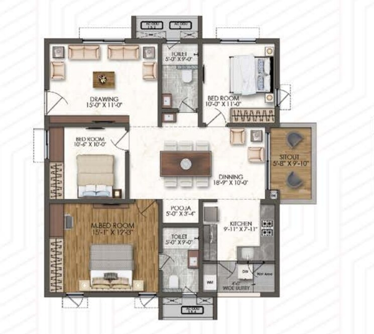 Floor Plan, bricks-marvella 3 Bedroom 1575 Sq.Ft. Apartment In Tellapur Hyderabad 8081357