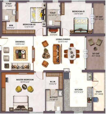 Floor Plan in 3 BHK Apartment at The Trilight, Kokapet – for Sale