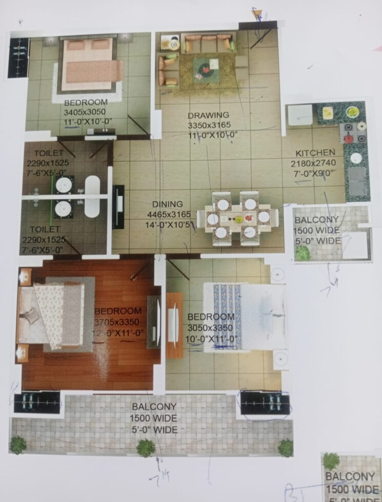 Floor Plan, victoryone-amara 3 Bedroom 1350 Sq.Ft. Apartment In Sector 16 Greater Noida Greater Noida 8083176