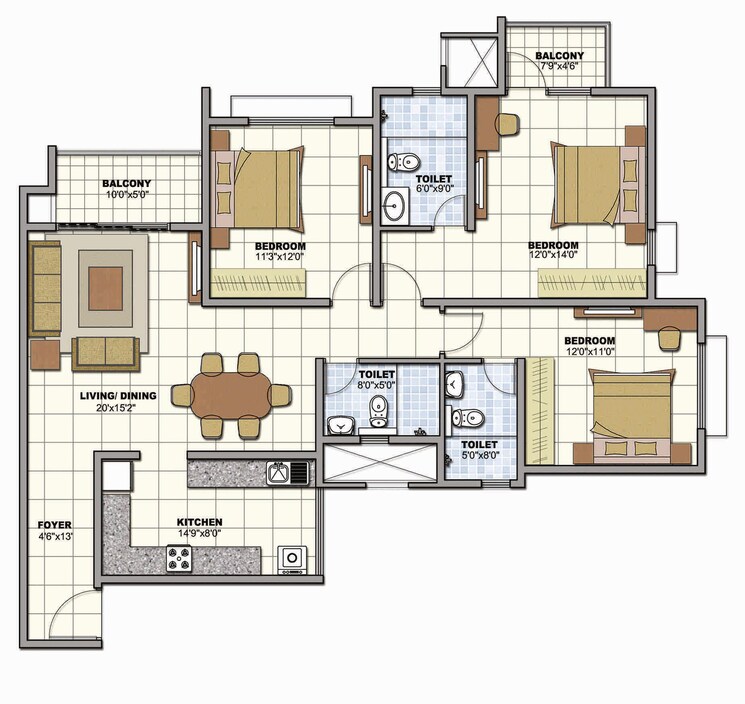 Floor Plan, prestige-sunrise-park 3 Bedroom 1644 Sq.Ft. Apartment In Electronic City Phase I Bangalore 8083471