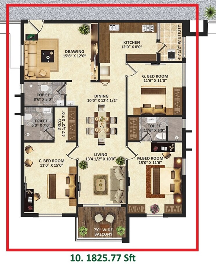 Floor Plan, greenmark-mayfair-apartments 3 Bedroom 1825 Sq.Ft. Apartment In Tellapur Hyderabad 8096106