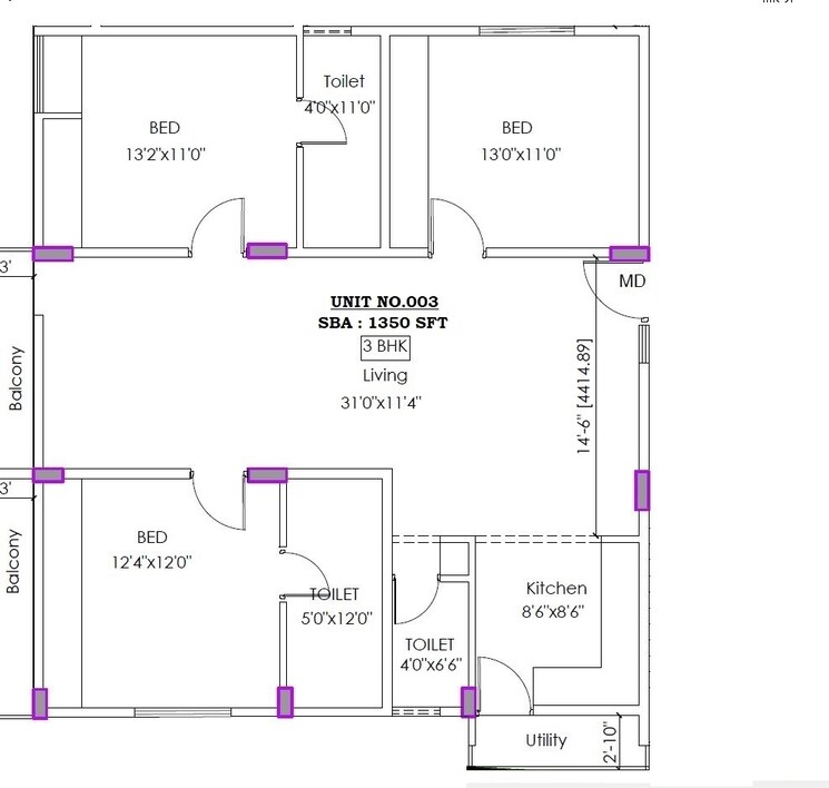 Floor Plan, sarjapur road 3 Bedroom 1350 Sq.Ft. Apartment In Sarjapur Road Bangalore 8099837