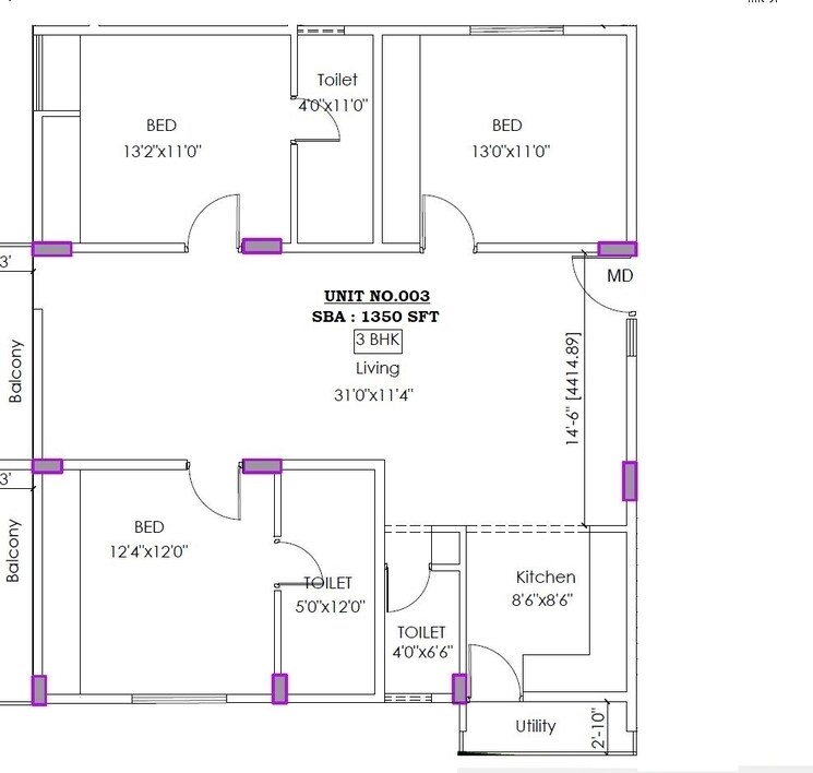 Floor Plan, sarjapur 3 Bedroom 1350 Sq.Ft. Apartment In Sarjapur Bangalore 8111962