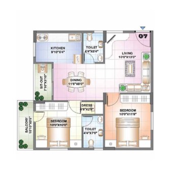 Floor Plan in 2 BHK Apartment at Sowparnika Purple Rose, Hoskote – for Sale