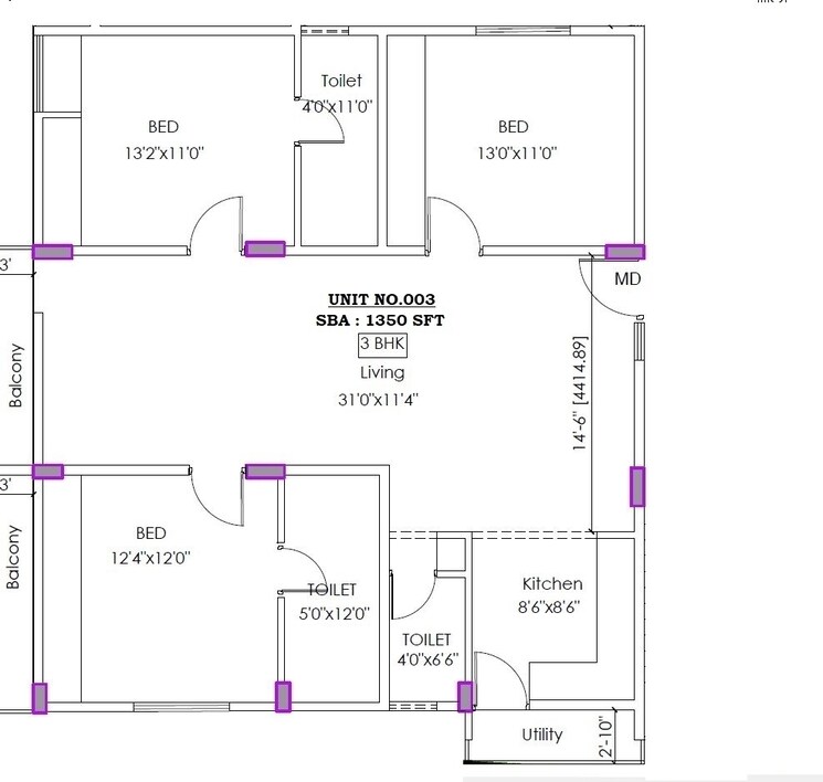 Floor Plan, sarjapur road 3 Bedroom 1350 Sq.Ft. Apartment In Sarjapur Road Bangalore 8122752