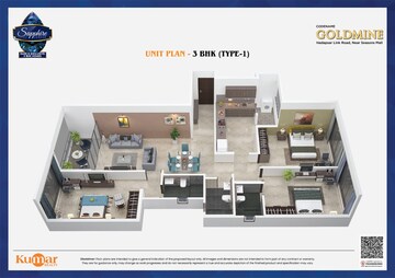 Floor Plan in 3 BHK Apartment at Kumar 47 East A, Hadapsar – for Sale