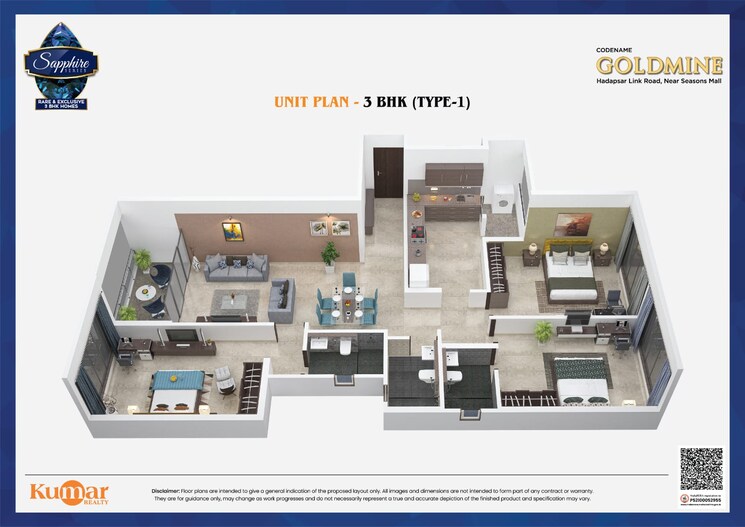 Floor Plan, kumar-47-east-a 3 Bedroom 1232 Sq.Ft. Apartment In Hadapsar Pune 8125203