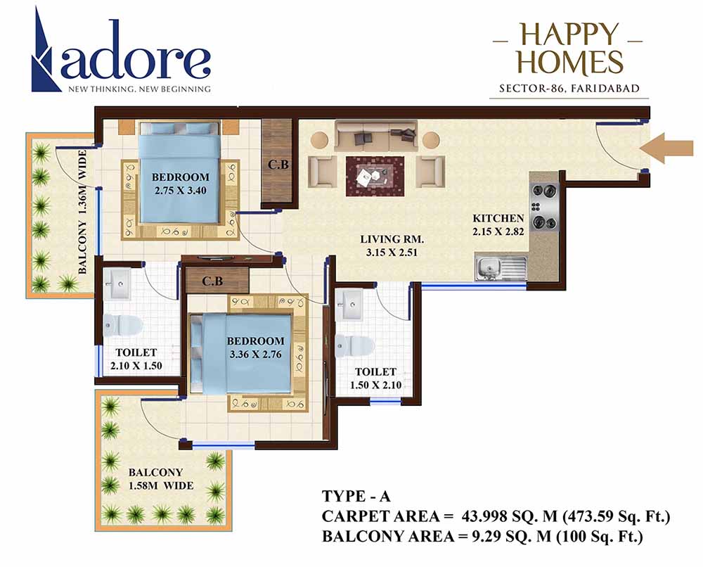 2 BHK + Pooja Room,Study Room 478 Sq.Ft. Apartment in Adore Happy Homes