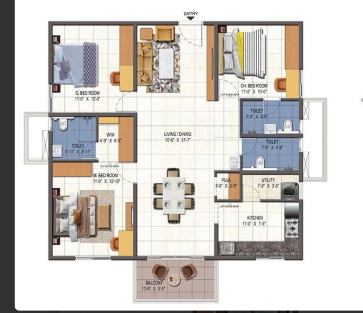 Floor Plan, urbanrise-opulence 3 Bedroom 1649 Sq.Ft. Apartment In Bachupally Hyderabad 8134845