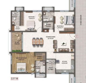 Floor Plan in 3 BHK Apartment at DSR Altitudes, Osman Nagar – for Sale