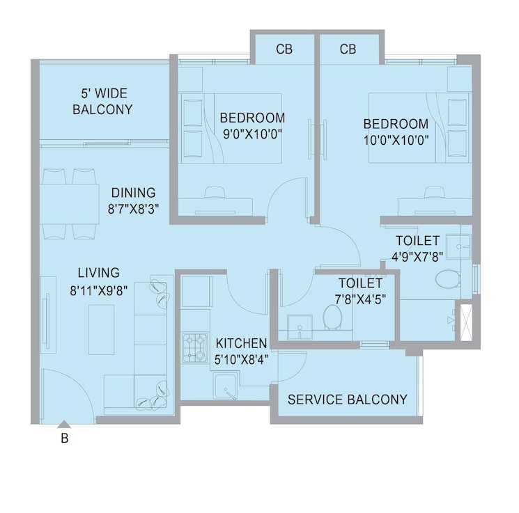 Floor Plan, ps-the-102 2 Bedroom 780 Sq.Ft. Apartment In Joka Kolkata 8144362