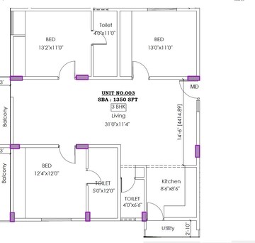 Floor Plan in 3 BHK Apartment at Sarjapur – for Sale
