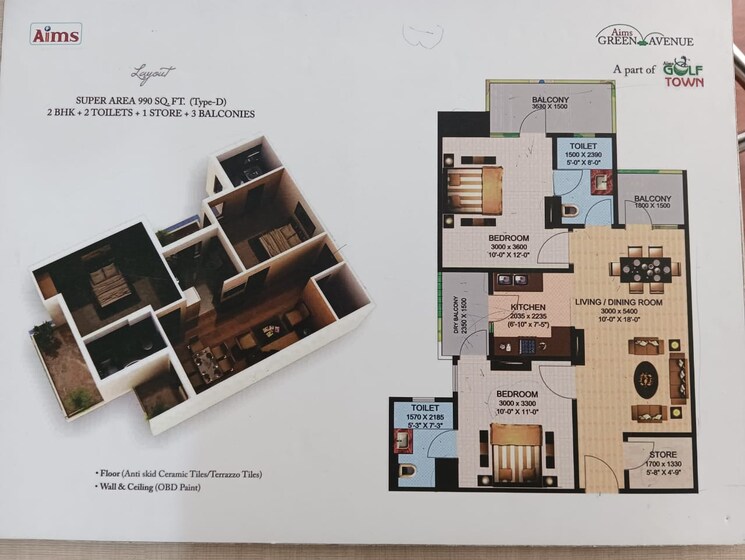 Floor Plan, aims-greens-avenue 2 Bedroom 960 Sq.Ft. Apartment In Sector 4, Greater Noida Greater Noida 8179359