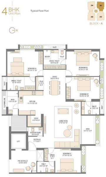 Floor Plan in 4 BHK Apartment at Thaltej – for Sale