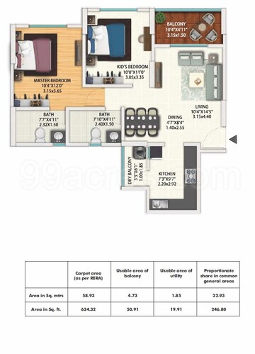 Floor Plan in 3 BHK Apartment at Gera World of Joy, Kharadi – for Rent