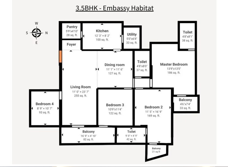 Floor Plan, embassy-habitat 4 Bedroom 1852 Sq.Ft. Apartment In Palace Road Bangalore 8204977