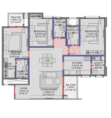 Floor Plan in 3 BHK Apartment at Vajram Newtown, Thanisandra Main Road – for Sale