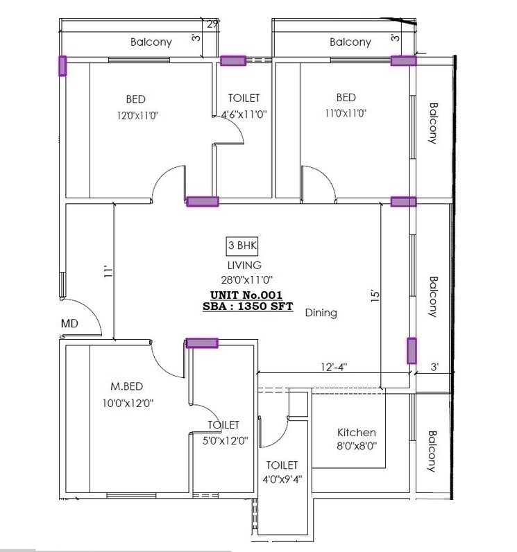 Floor Plan, sarjapur 3 Bedroom 1350 Sq.Ft. Apartment In Sarjapur Bangalore 8217949