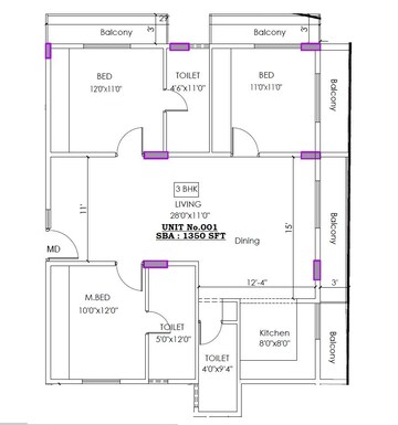 Floor Plan in 3 BHK Apartment at Sarjapur – for Sale