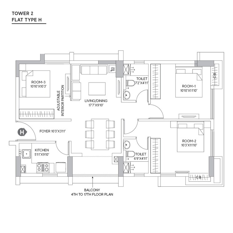 Floor Plan, npr-the-crown 2.5 Bedroom 1217 Sq.Ft. Apartment In Tangra Kolkata 8247918