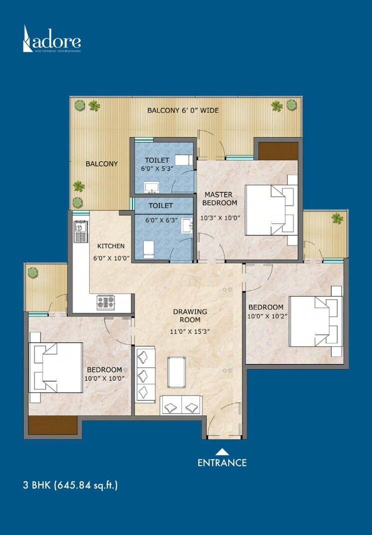 Floor Plan, adore-samriddhi 3 Bedroom 1000 Sq.Ft. Apartment In Sector 89 Faridabad 8249480