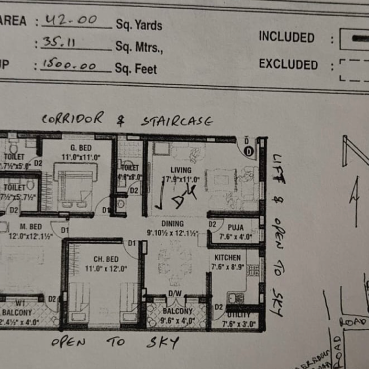 Floor Plan, siri-shaili-residency 3 Bedroom 1500 Sq.Ft. Apartment In Gk Colony Hyderabad 8275415