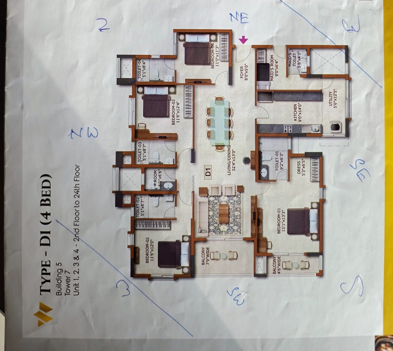 4 BHK + Study Room 2525 Sq.Ft. Apartment in Prestige Waterford