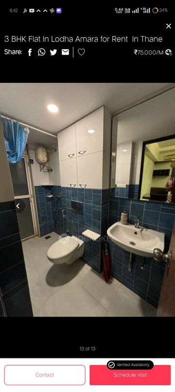 Bathroom in 3 BHK Apartment at Lodha Amara, Kolshet Road – for Rent