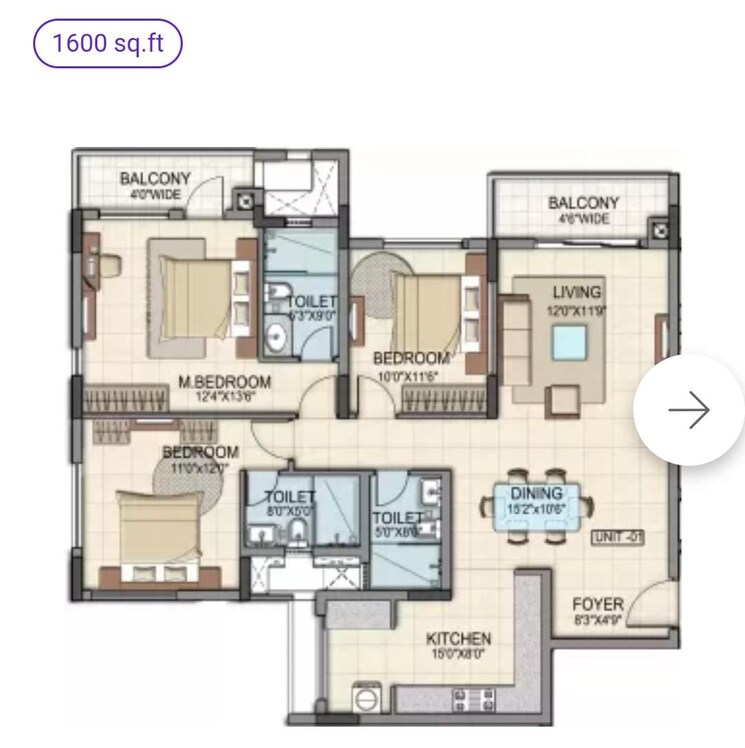 Floor Plan, bscpl-bollineni-silas 3 Bedroom 1600 Sq.Ft. Apartment In Whitefield Bangalore 8286976