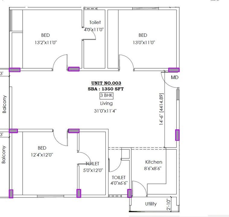Floor Plan, sarjapur road 3 Bedroom 1300 Sq.Ft. Apartment In Sarjapur Road Bangalore 8308728