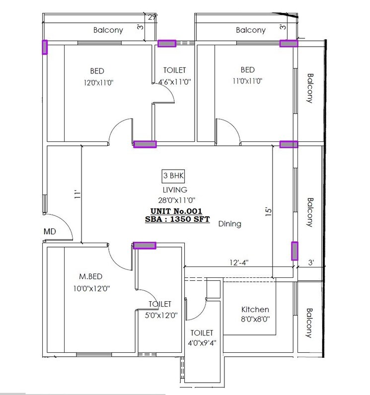 Floor Plan, sarjapur road 3 Bedroom 1300 Sq.Ft. Apartment In Sarjapur Road Bangalore 8308728