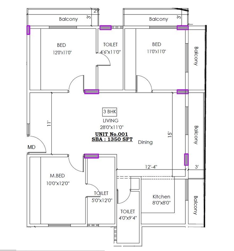 Floor Plan, sarjapur road 3 Bedroom 1300 Sq.Ft. Apartment In Sarjapur Road Bangalore 8308728