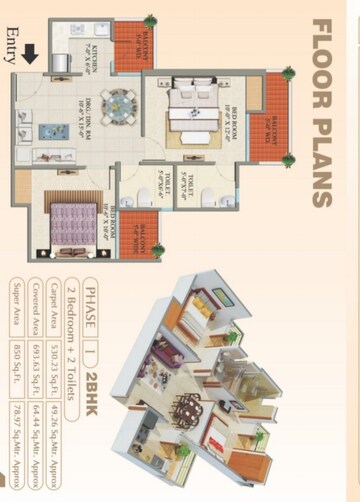 Floor Plan in 2 BHK Apartment at Charms Castle, Raj Nagar Extension – for Sale