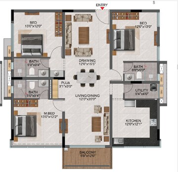 Floor Plan in 3 BHK Apartment at Casagrand Evon, Kompally – for Sale
