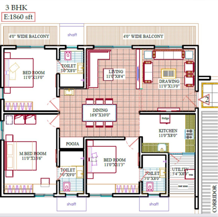 Floor Plan, mallampet 2 Bedroom 1300 Sq.Ft. Apartment In Mallampet Hyderabad 8324988