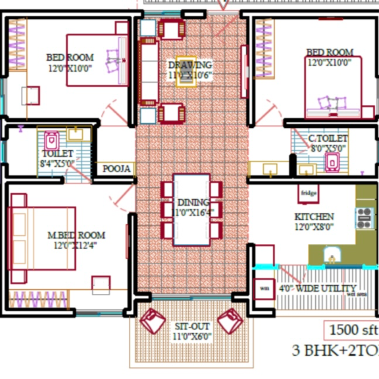 Floor Plan, bachupally 2 Bedroom 1300 Sq.Ft. Apartment In Bachupally Hyderabad 8330165