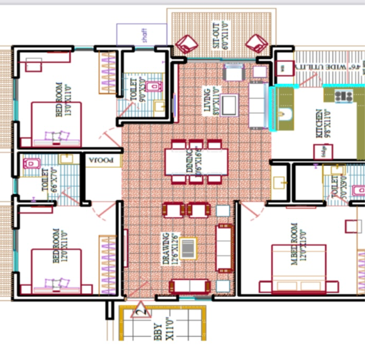 Floor Plan, bachupally 2 Bedroom 1300 Sq.Ft. Apartment In Bachupally Hyderabad 8330252