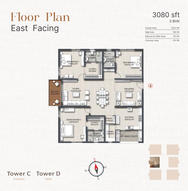 Floor Plan, rajapushpa-infina 3 Bedroom 3080 Sq.Ft. Apartment In Manchirevula Hyderabad 8345564