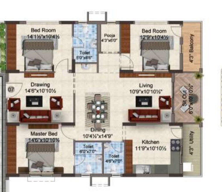 Floor Plan, snr-the-elite 3 Bedroom 1890 Sq.Ft. Apartment In Gopanpally Hyderabad 8346683