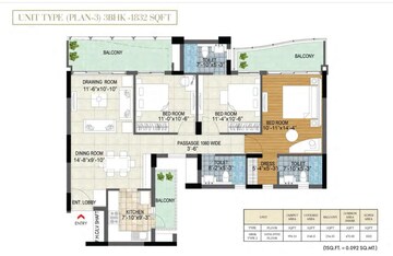 Floor Plan in 3 BHK Apartment at BPTP Terra, Sector 37d – for Sale