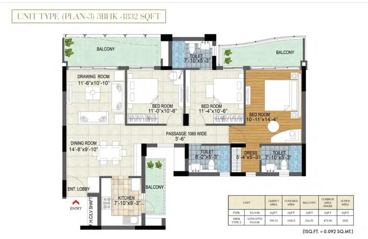 Floor Plan, bptp-terra 3 Bedroom 1811 Sq.Ft. Apartment In Sector 37d Gurgaon 8373550