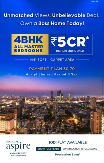Master Bedroom in 4 BHK Apartment at Paranjape Aspire, Andheri West – for Sale
