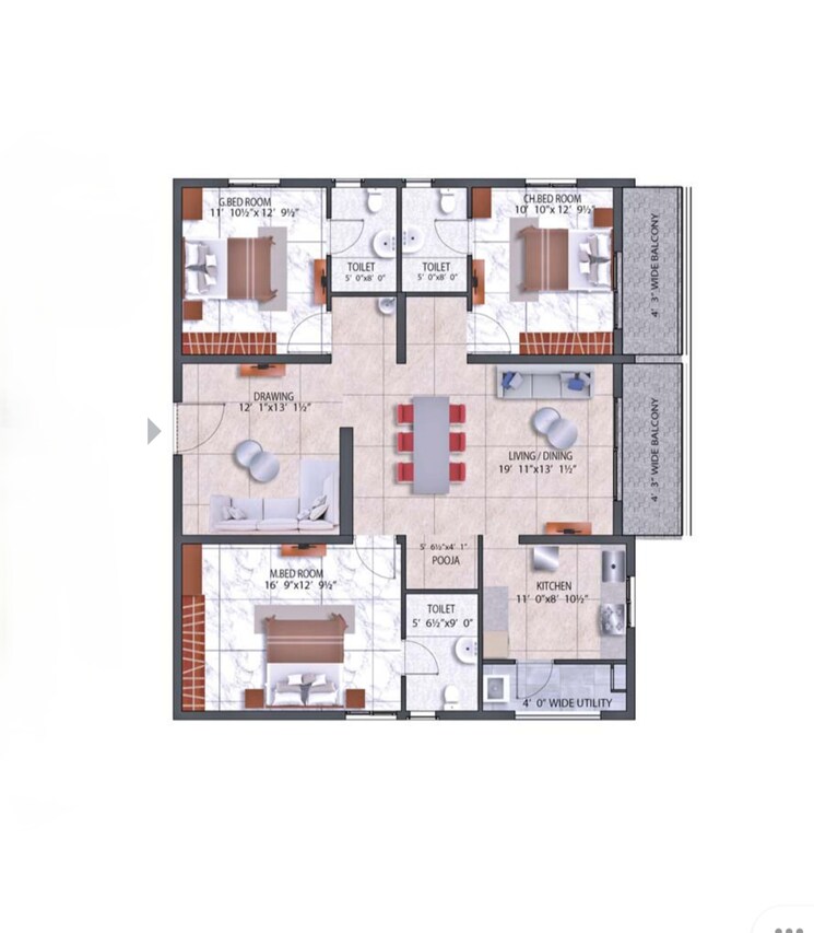 Floor Plan, hallmark-treasor 3 Bedroom 2040 Sq.Ft. Apartment In Narsingi Hyderabad 8385466