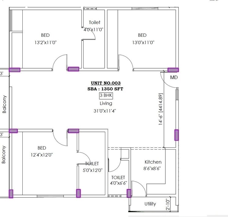 Floor Plan, sarjapur road 3 Bedroom 1350 Sq.Ft. Apartment In Sarjapur Road Bangalore 8394585