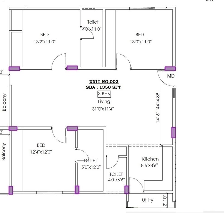Floor Plan, sarjapur road 3 Bedroom 1350 Sq.Ft. Apartment In Sarjapur Road Bangalore 8394585