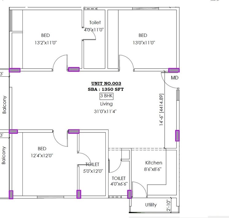 Floor Plan, sarjapur road 3 Bedroom 1350 Sq.Ft. Apartment In Sarjapur Road Bangalore 8394585
