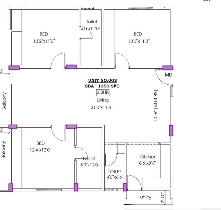 Floor Plan, sarjapur road 3 Bedroom 1350 Sq.Ft. Apartment In Sarjapur Road Bangalore 8394585