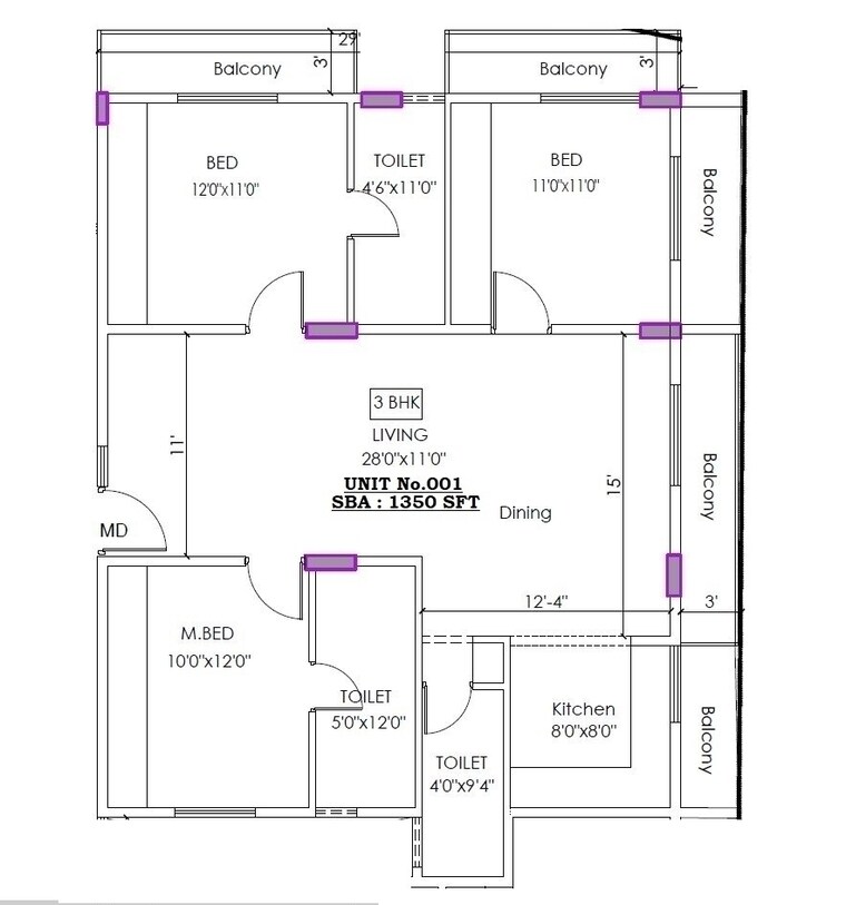 Floor Plan, sarjapur road 3 Bedroom 1350 Sq.Ft. Apartment In Sarjapur Road Bangalore 8394585