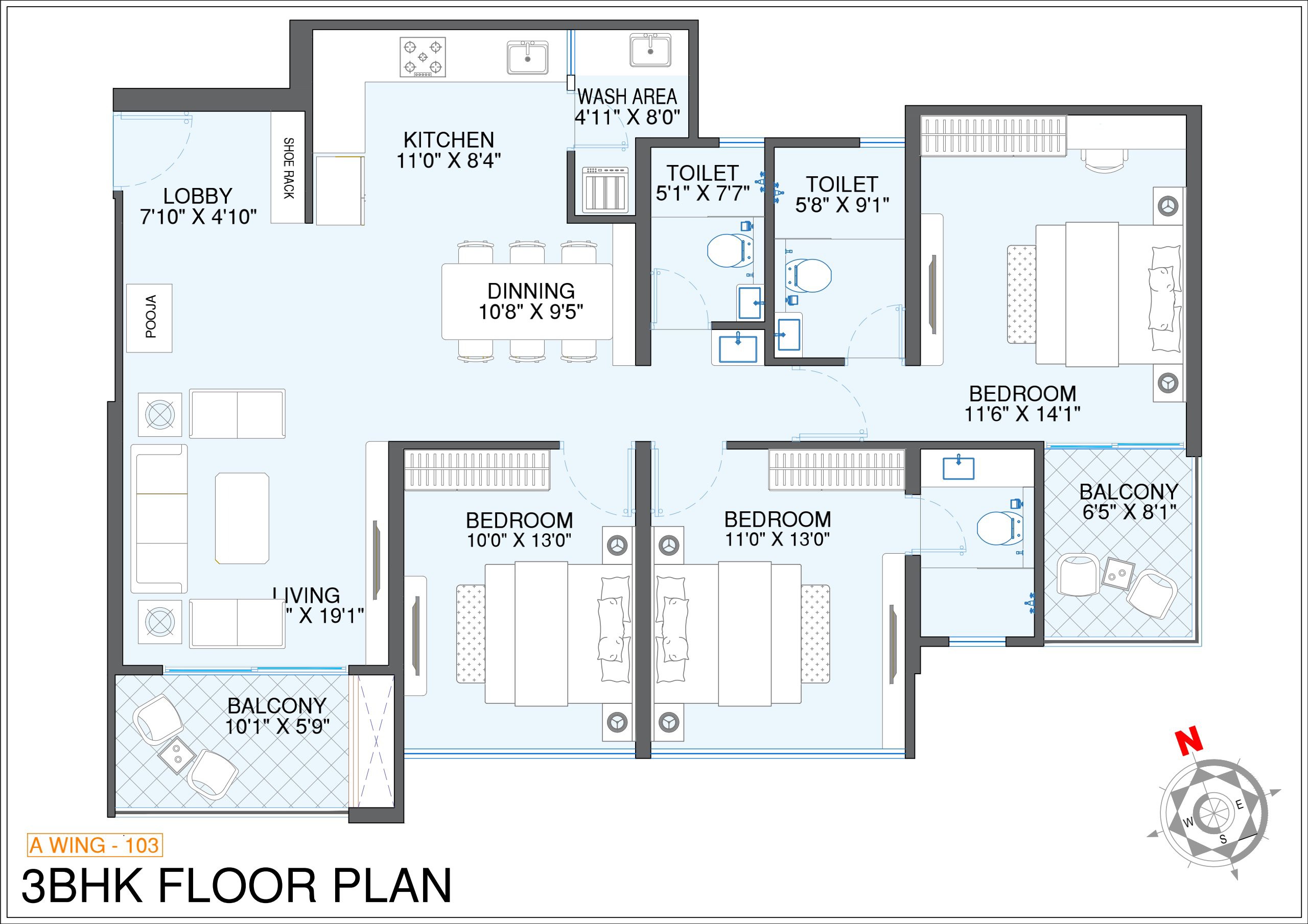 Floor Plan, koregaon park 3 Bedroom 1268 Sq.Ft. Apartment In Koregaon Park Pune 8402652