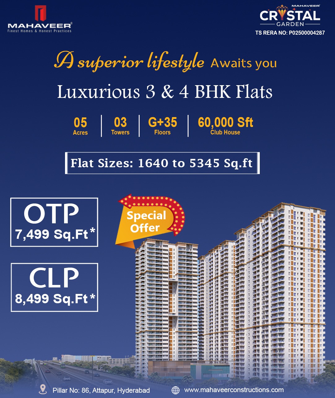 3 BHK + Pooja Room 1640 Sq.Ft. Apartment in Mahaveer Crystal Garden